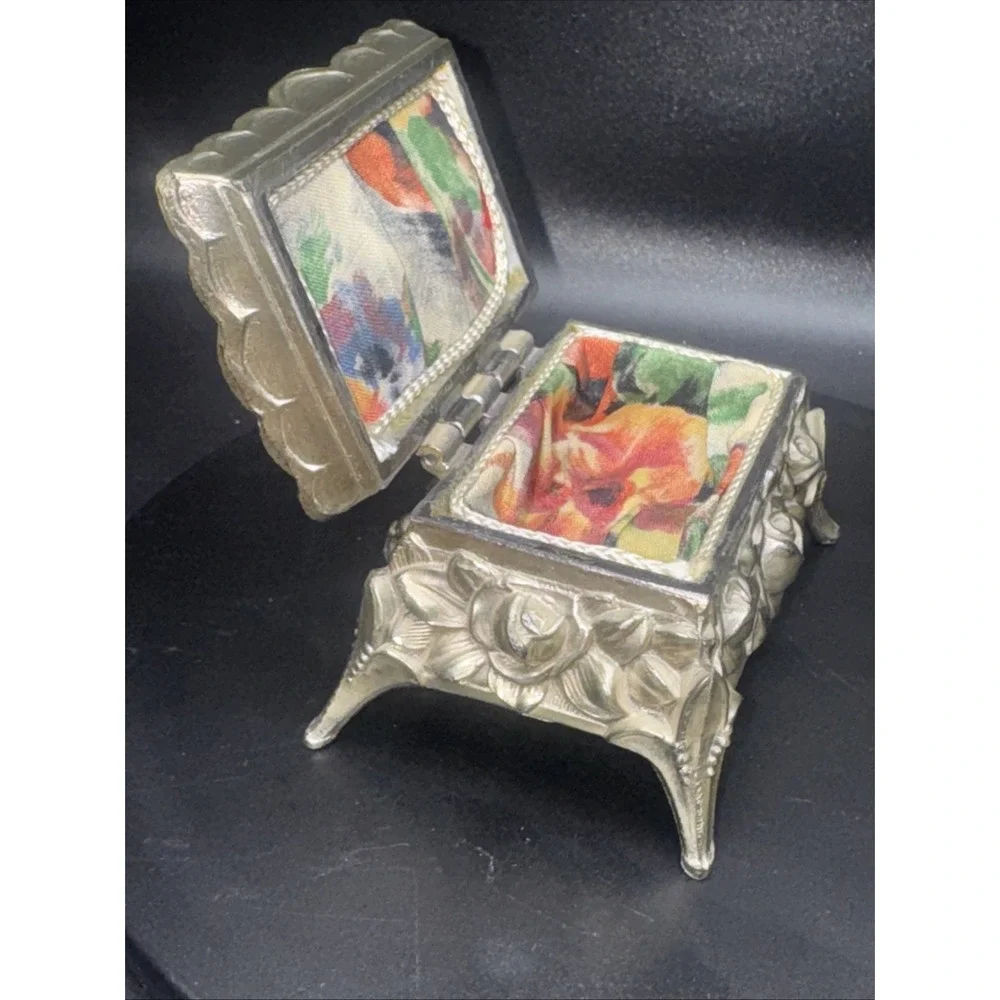 Ornate Antique Metal‎ Jewelry Casket Footed Box Trinket Roses Motif Hinged Lined